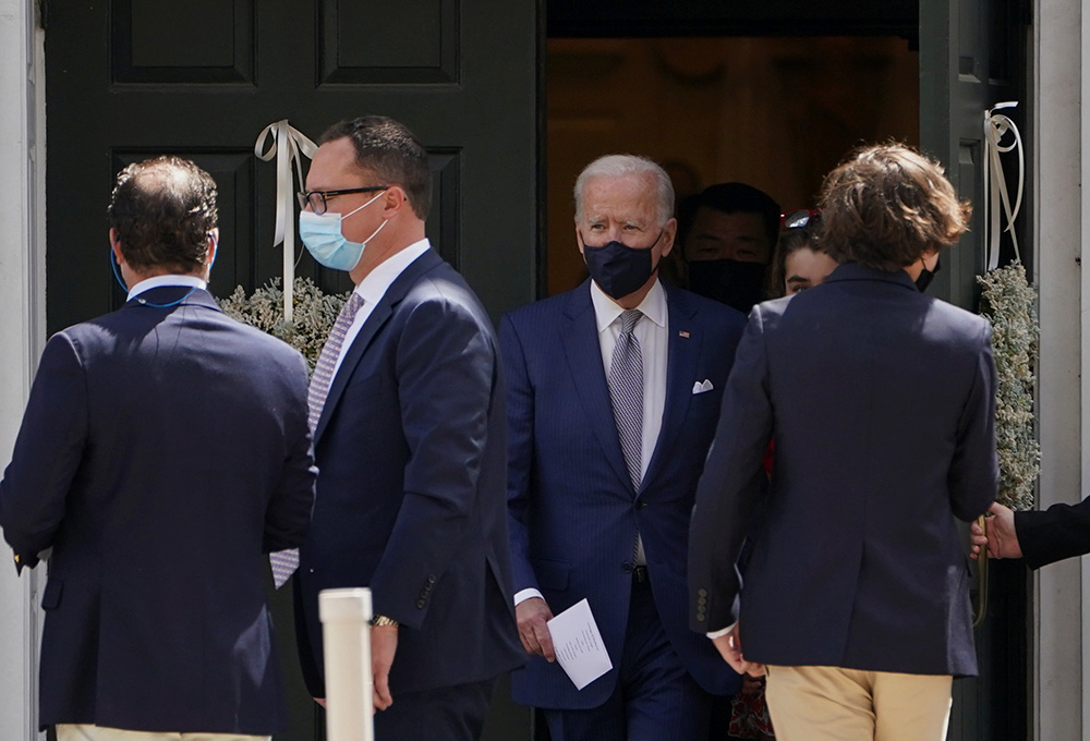 President Joe Biden departs church after the confirmation of his grandson Hunter at St. Joseph on the Brandywine Catholic Church in Greenville, Delaware, April 18. (CNS/Reuters/Kevin Lamarque)
