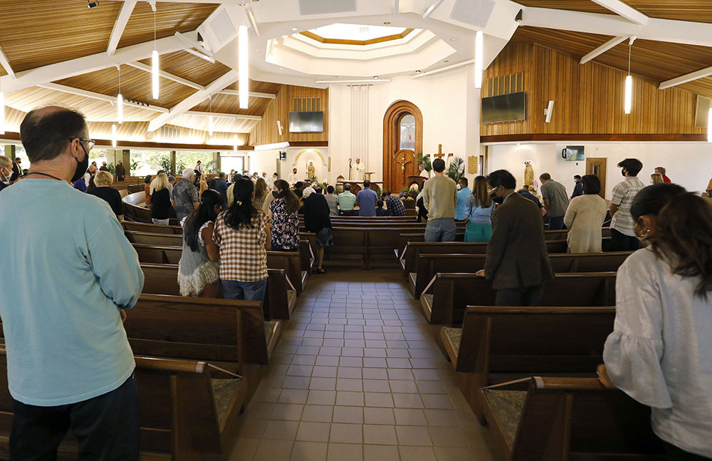 San Diego Bishop Robert McElroy celebrates a bilingual Mass for Earth Week at St. James Church in Solana Beach, California, April 17, 2021. (CNS/The Southern Cross/John Gastaldo)
