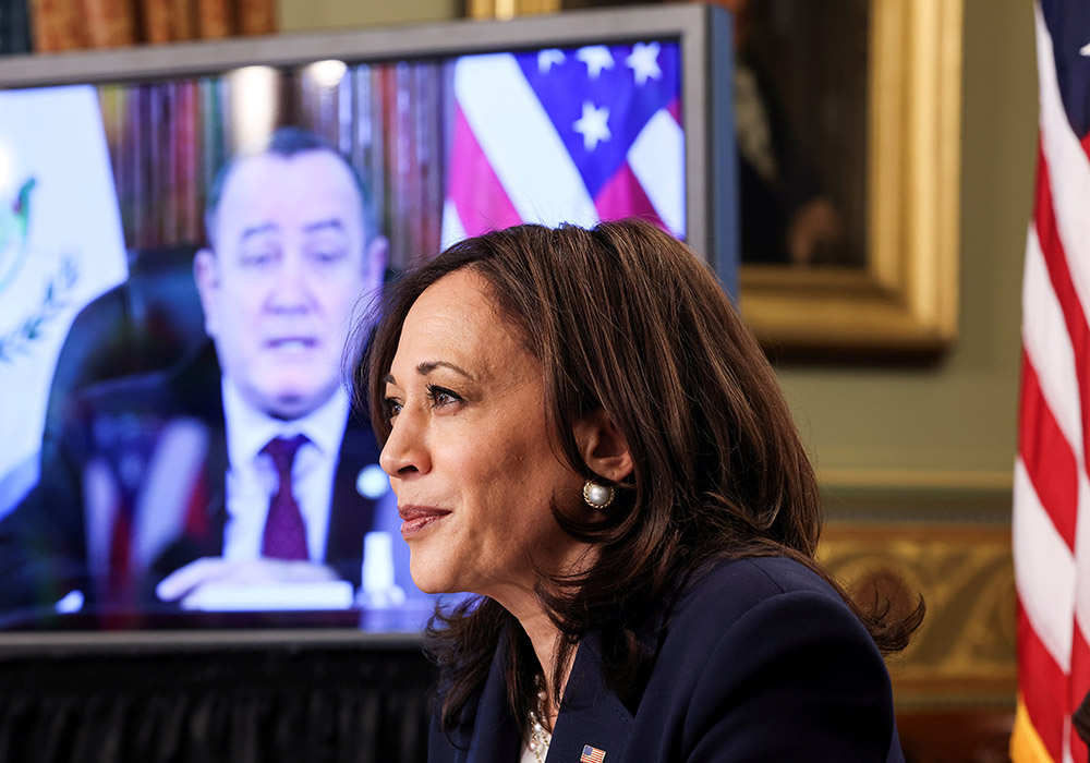 Vice President Kamala Harris speaks from the White House in Washington April 26, via videoconference with Guatemala's President Alejandro Giammattei about solutions to an increase in migration. (CNS/Evelyn Hockstein, Reuters)