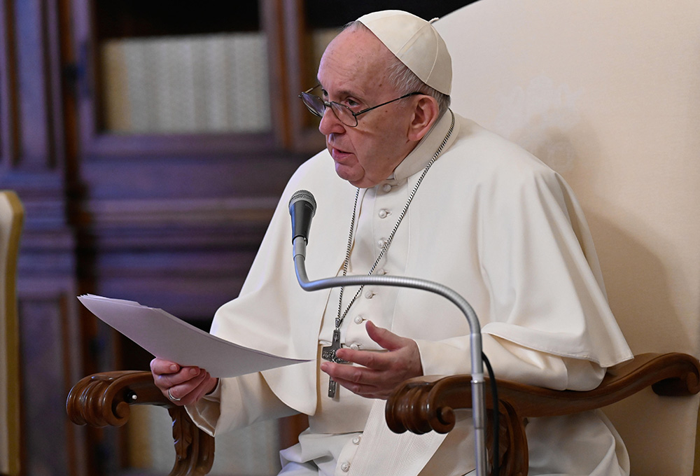 Pope Francis leads his general audience in the library of the Apostolic Palace at the Vatican April 28. (CNS/Vatican Media)