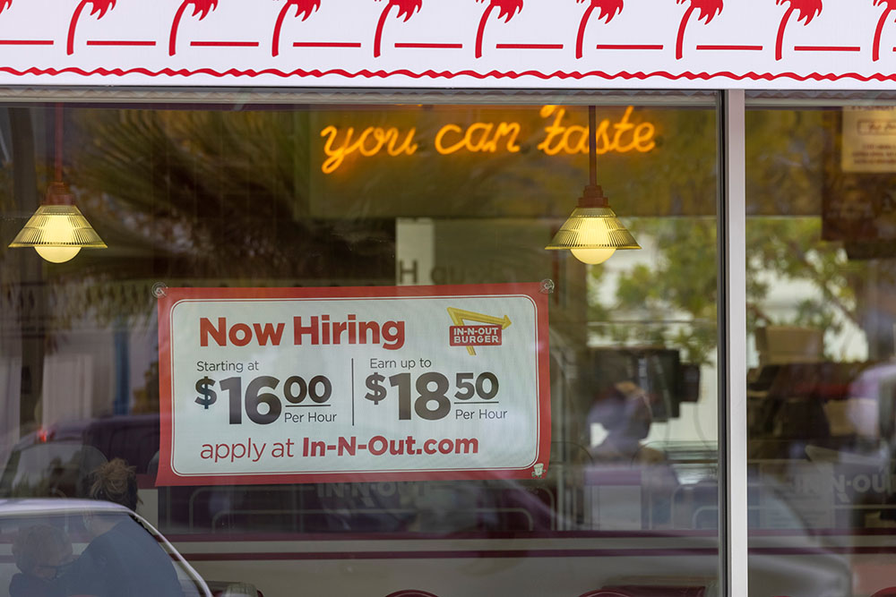 An In-N-Out Burger in Encinitas, Calif., advertises for workers May 10, 2021. (CNS/Reuters/Mike Blake)