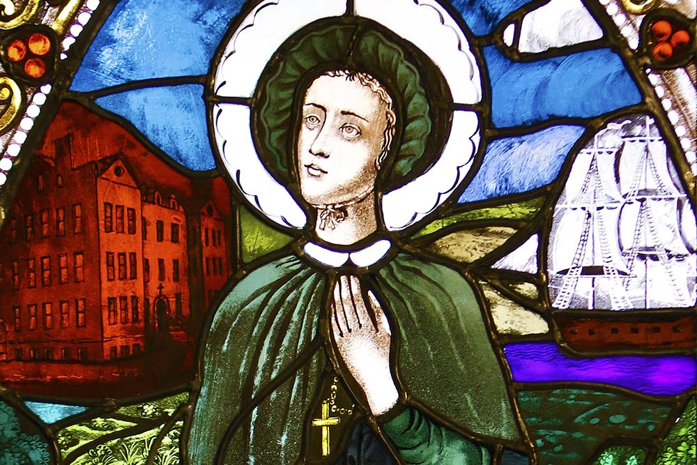 St. Elizabeth Ann Seton is depicted in a stained-glass window at the Basilica of St. Patrick's Old Cathedral in New York City. (CNS/Gregory A. Shemitz)