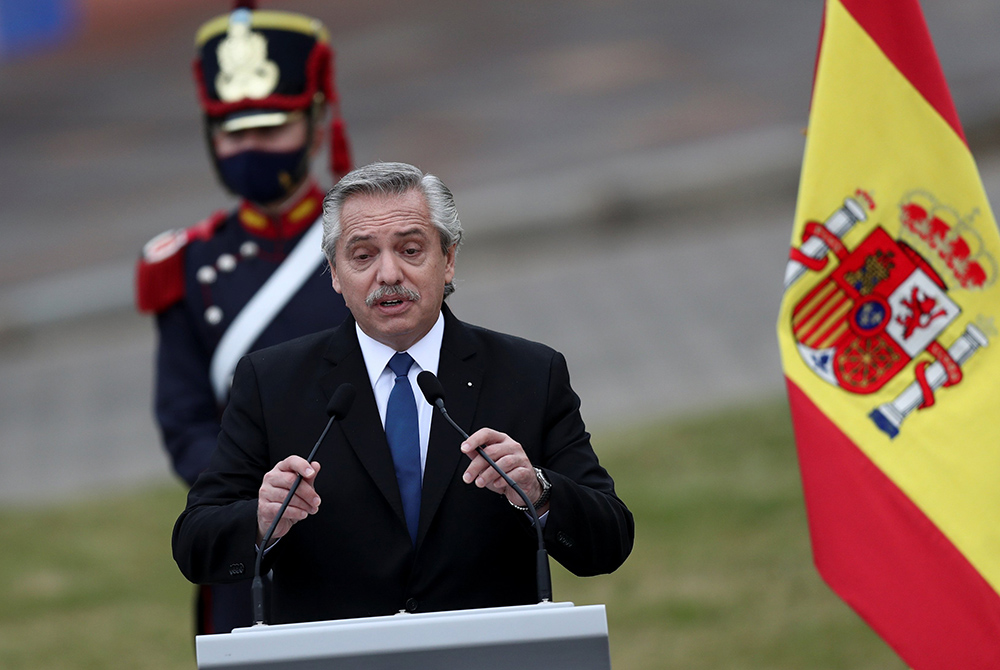 Argentine President Alberto Fernández speaks during a news conference with Spanish Prime Minister Pedro Sánchez at the Casa Rosada presidential palace June 9 in Buenos Aires, Argentina. Although Catholic church leaders say Fernández has shown more willing