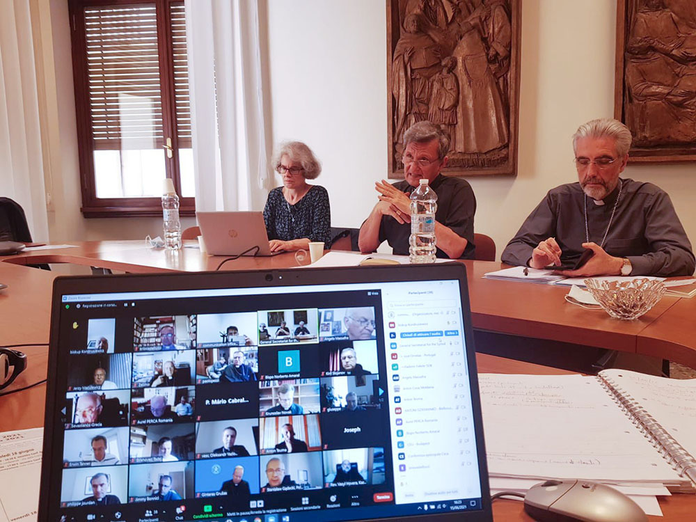 Leaders of the secretariat of the Synod of Bishops are pictured at the Vatican during an online meeting with presidents and general secretaries of national and regional bishops' conferences June 15.