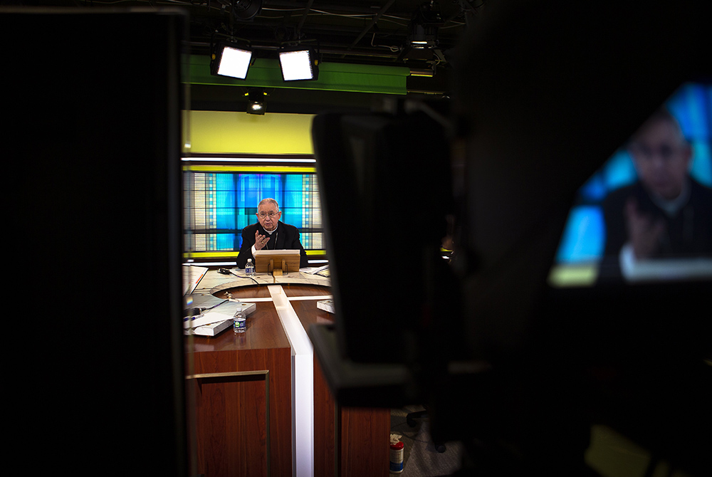 Archbishop José Gomez of Los Angeles, president of the U.S. Conference of Catholic Bishops, holds a news conference at the USCCB headquarters June 16 in Washington, the first day of the bishops' three-day spring assembly. (CNS)