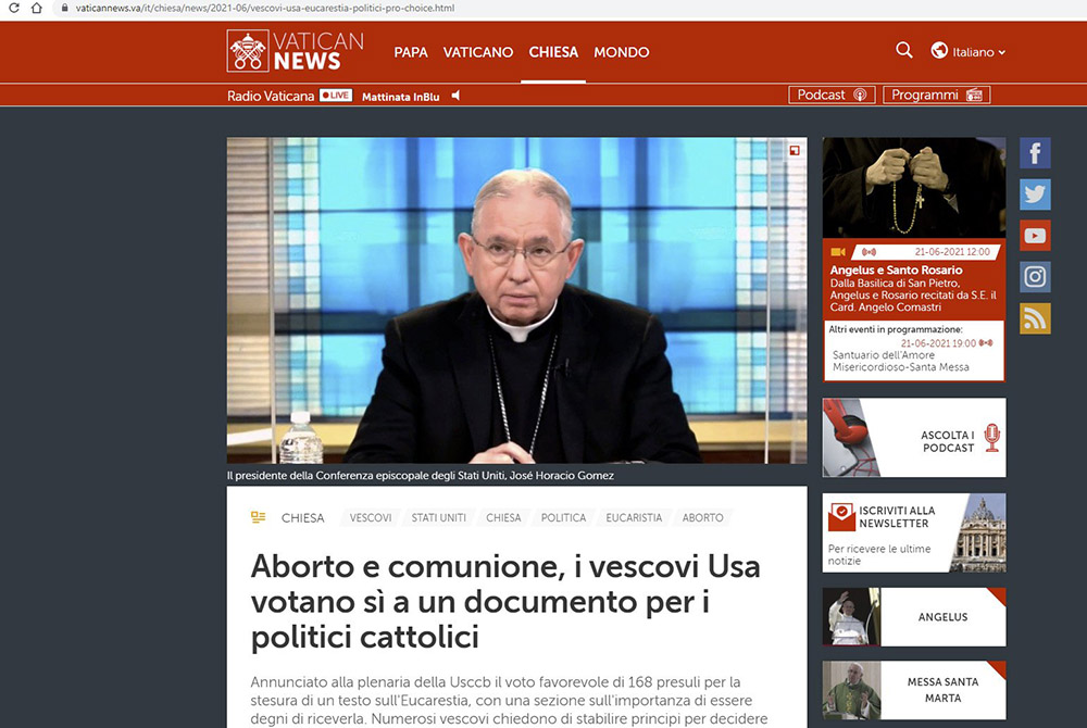 Archbishop José Gomez of Los Angeles, president of the U.S. Conference of Catholic Bishops, is pictured in this screen capture from Vatican News, an official website of the Vatican, in an article about the U.S. bishops' June 17 approval to draft a documen