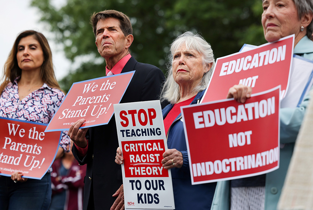 Protesters of critical race theory, June 22 in in Ashburn, Virginia Opponents of "critical race theory" protest June 22 outside of the Loudoun County School Board headquarters in Ashburn, Virginia. (CNS/Reuters/Evelyn Hockstein)