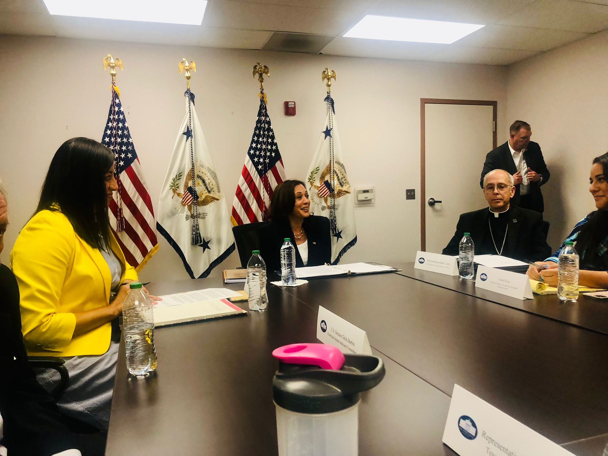 Bishop Mark J. Seitz of El Paso, Texas, meets with Vice President Kamala Harris in El Paso June 25, 2021, during her first trip to the border as vice president to talk about immigration. Harris traveled to a border point of entry and met with faith groups