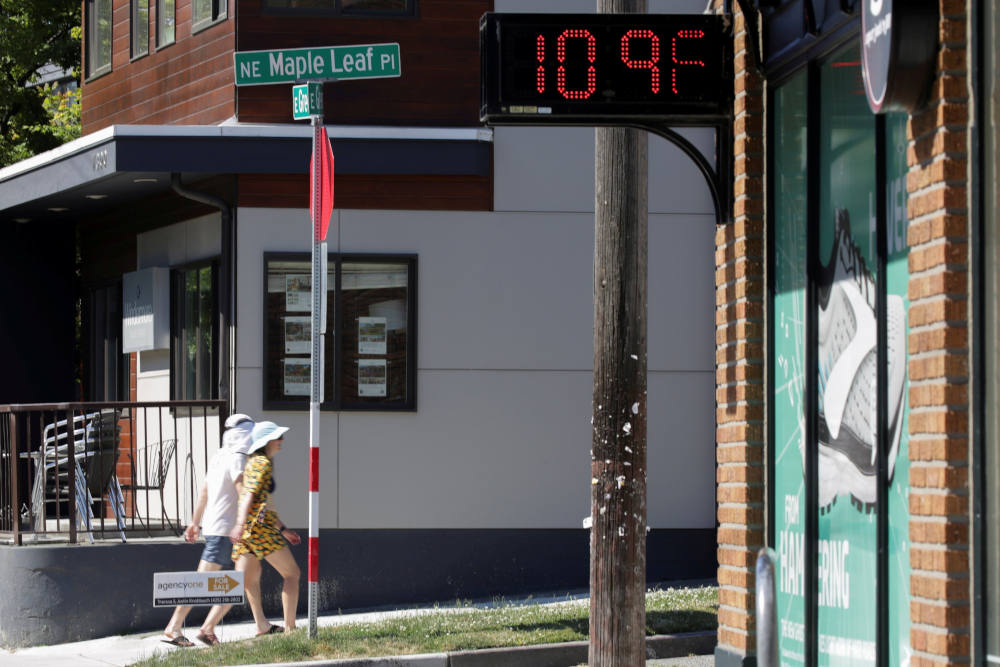 A digital sign in Seattle shows a temperature reading of 109 degrees Fahrenheit June 28, 2021. (CNS photo/Jason Redmond, Reuters)