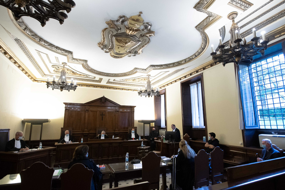 This Oct. 14, 2020, file photo shows the Vatican City State criminal court during the opening of the trial of Fr. Gabriele Martinelli and Msgr. Enrico Radice. (CNS/Vatican Media)