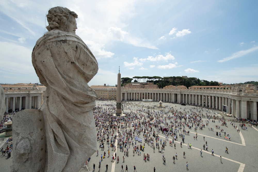 People gather in St. Peter's Square at the Vatican July 4 for the Angelus prayer with Pope Francis. (CNS/Vatican Media)