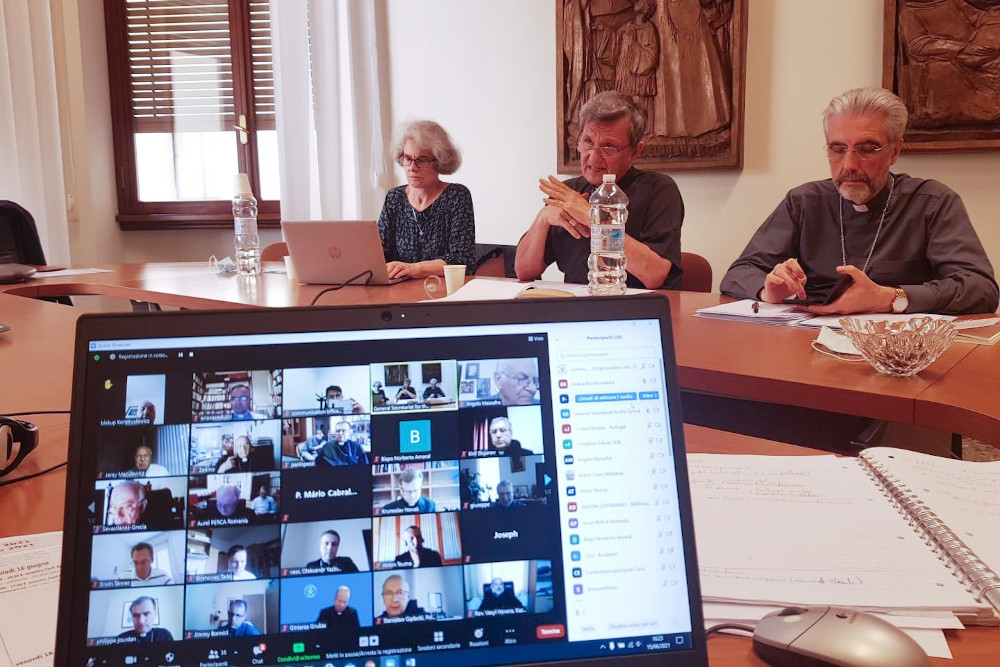 Leaders of the secretariat of the Synod of Bishops are pictured at the Vatican during an online meeting with presidents and general secretaries of national and regional bishops' conferences June 15. (CNS/Courtesy of Synod of Bishops)