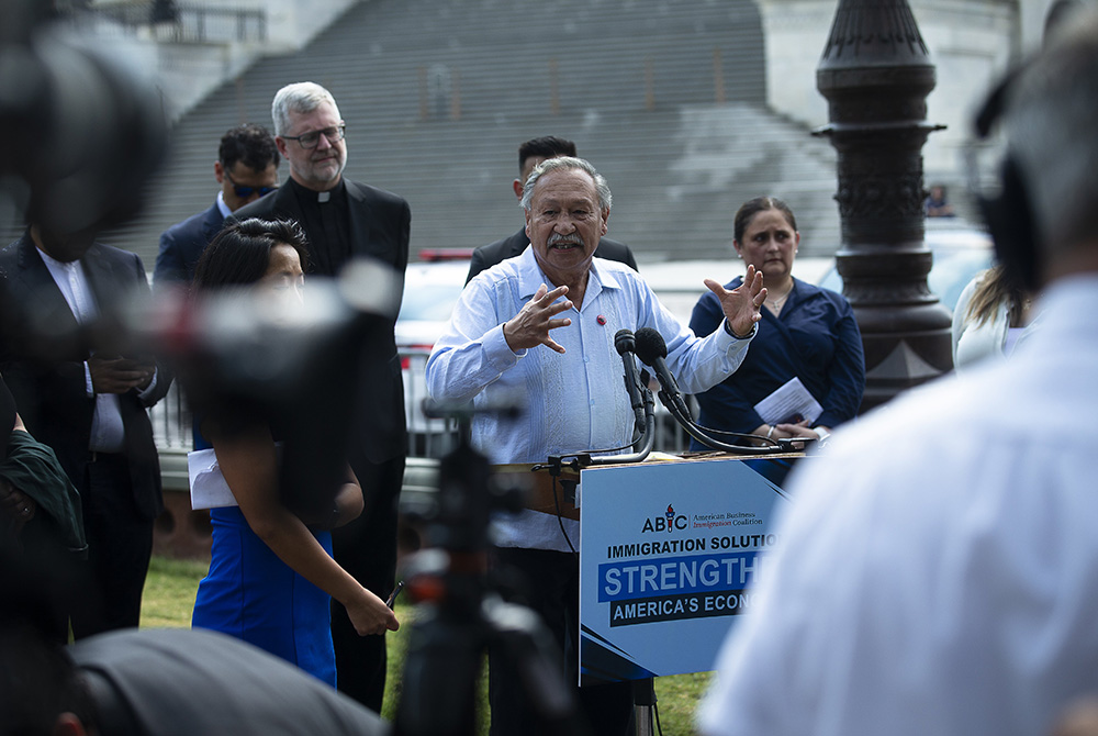 Arturo Rodriguez, retired chairman of United Farm Workers, speaks about immigration solutions near the U.S. Capitol July 21 in Washington. (CNS/Tyler Orsburn)