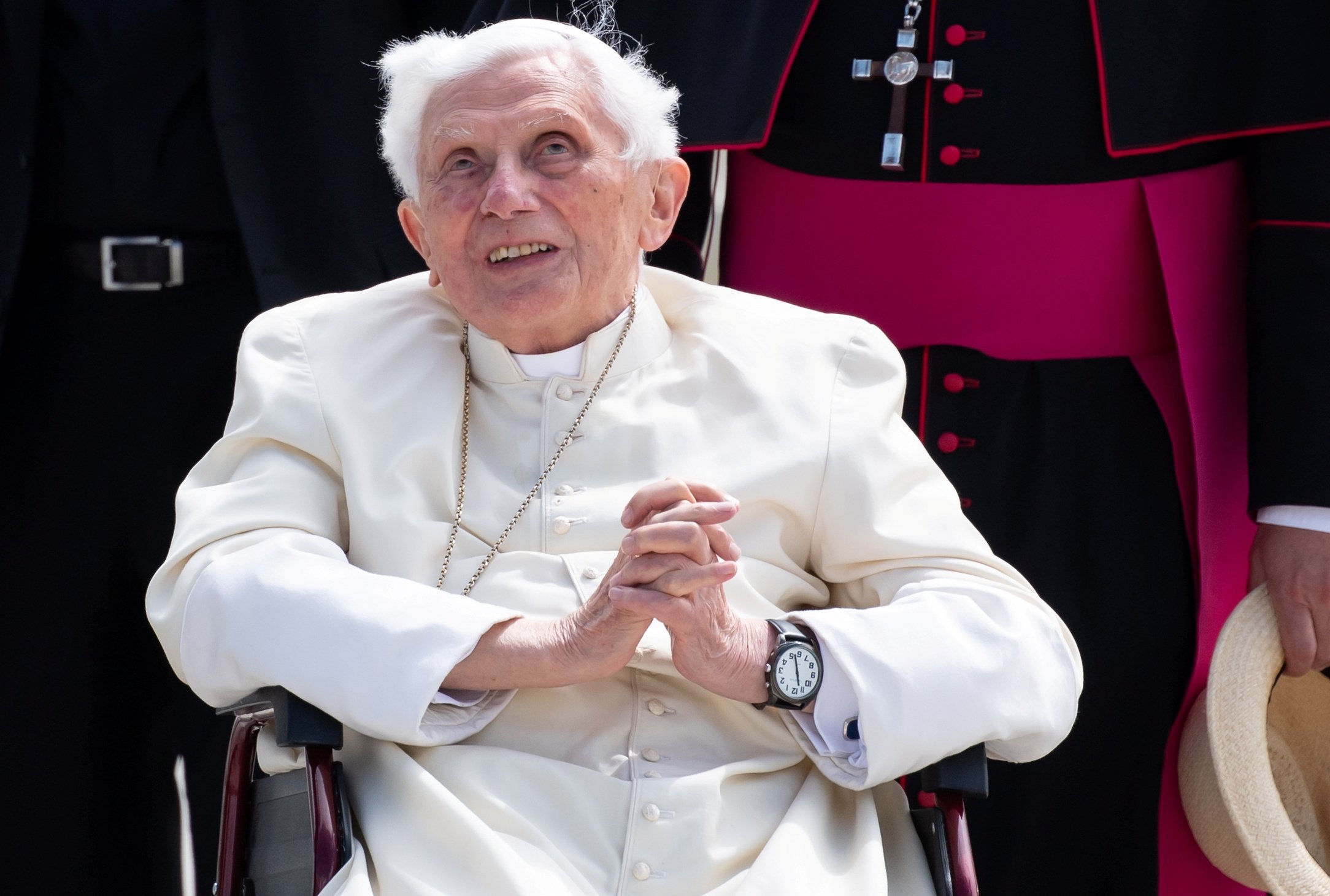 Retired Pope Benedict XVI smiles at Germany's Munich Airport before his departure to Rome June 22, 2020. The now-retired pope has criticized representatives of the Catholic Church in his home country, Germany. (CNS photo/Sven Hoppe, Reuters)