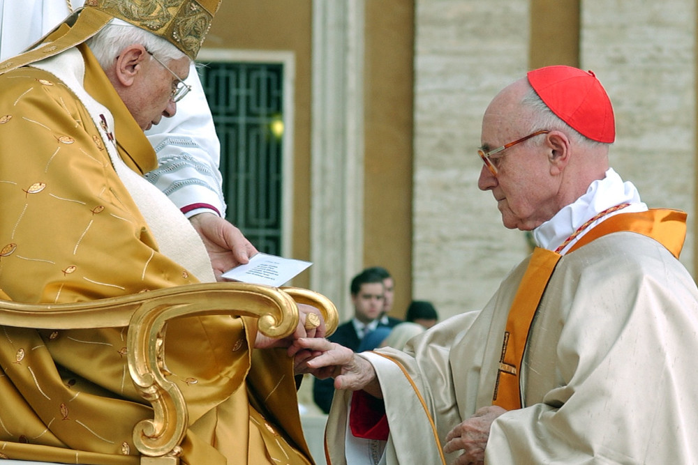 French Cardinal Albert Vanhoye of France receives his ring from then-Pope Benedict XVI during a consistory in St. Peter's Square at the Vatican March 25, 2006. (CNS/L'Osservatore Romano)
