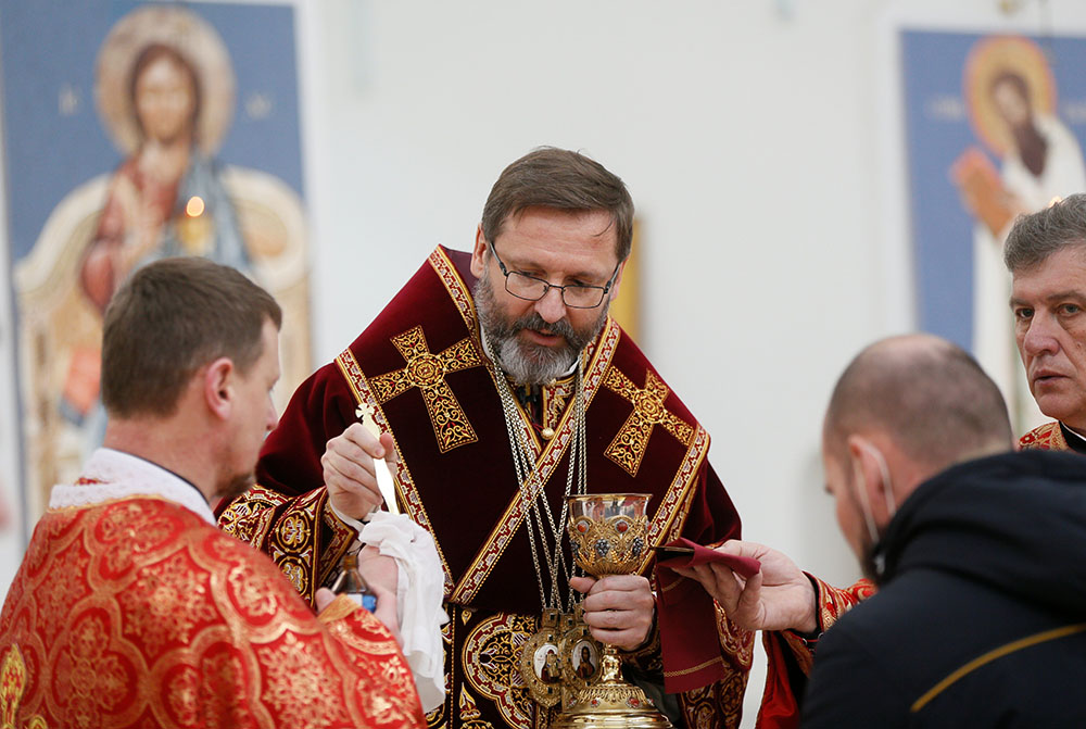 Archbishop Sviatoslav Shevchuk of Kyiv-Halych, Ukraine, major archbishop of the Ukrainian Catholic Church, celebrates the Divine Liturgy at the Cathedral of the Resurrection of Christ in Kiev March 22, 2020. (CNS/Reuters/Valentyn Ogirenko)