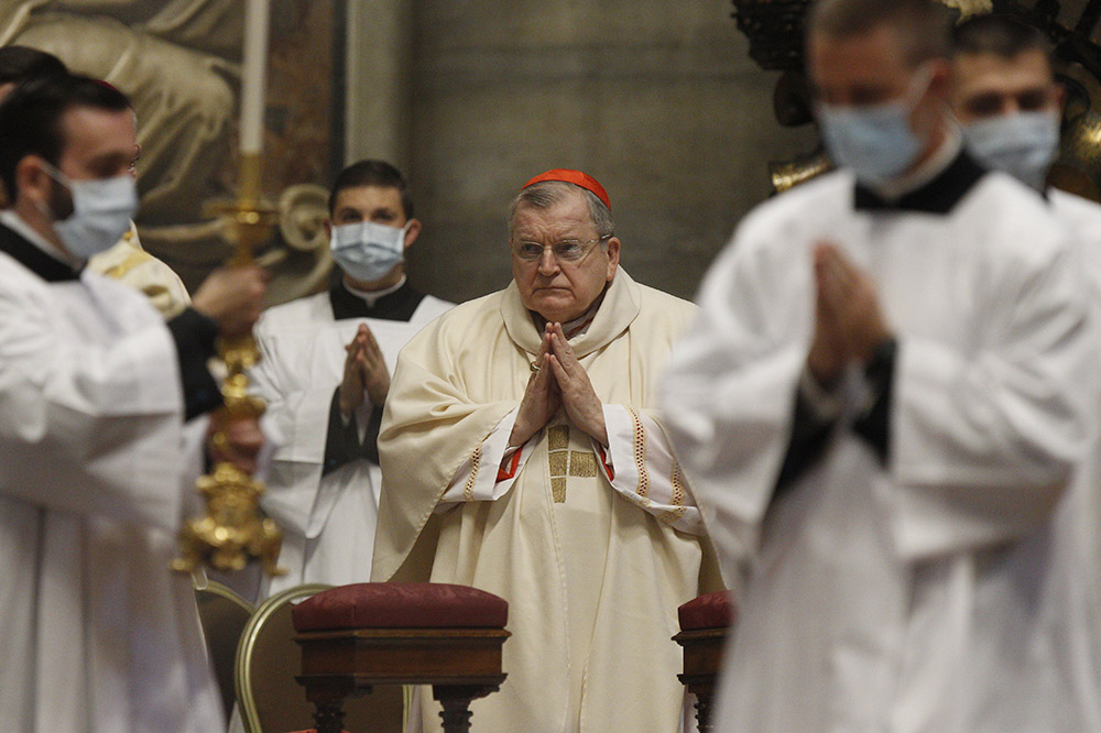 U.S. Cardinal Raymond Burke, pictured in an Oct. 1, 2020, photo in Rome, says he has tested positive for COVID-19. (CNS/Paul Haring)
