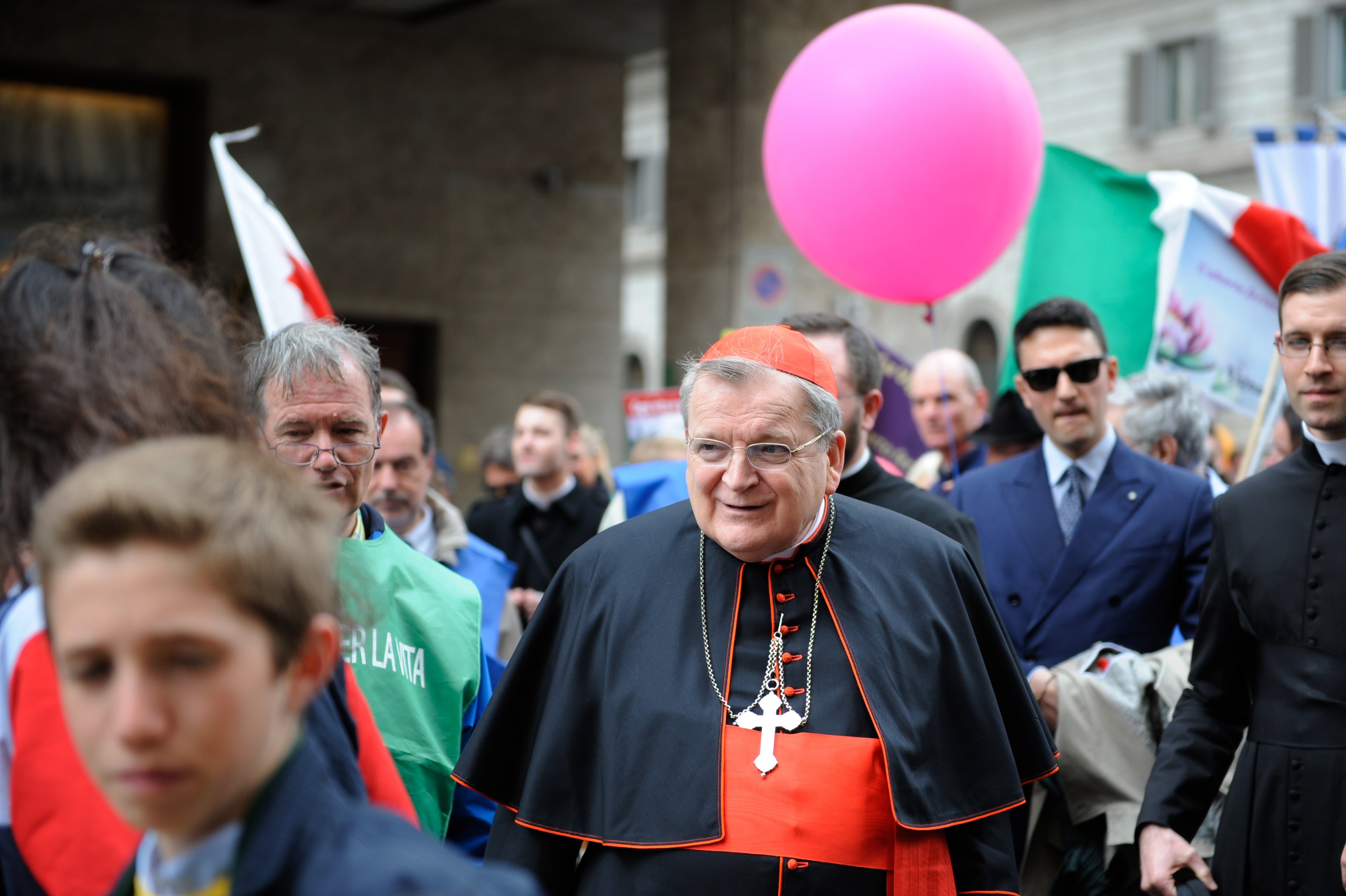 Cardinal Raymond L. Burke walks in the ninth national March for Life in Rome May 18, 2019. The Shrine of Our Lady of Guadalupe in La Crosse, Wis., reported Aug. 21, 2021, that the cardinal, who remained hospitalized for COVID-19, was removed from a ventil