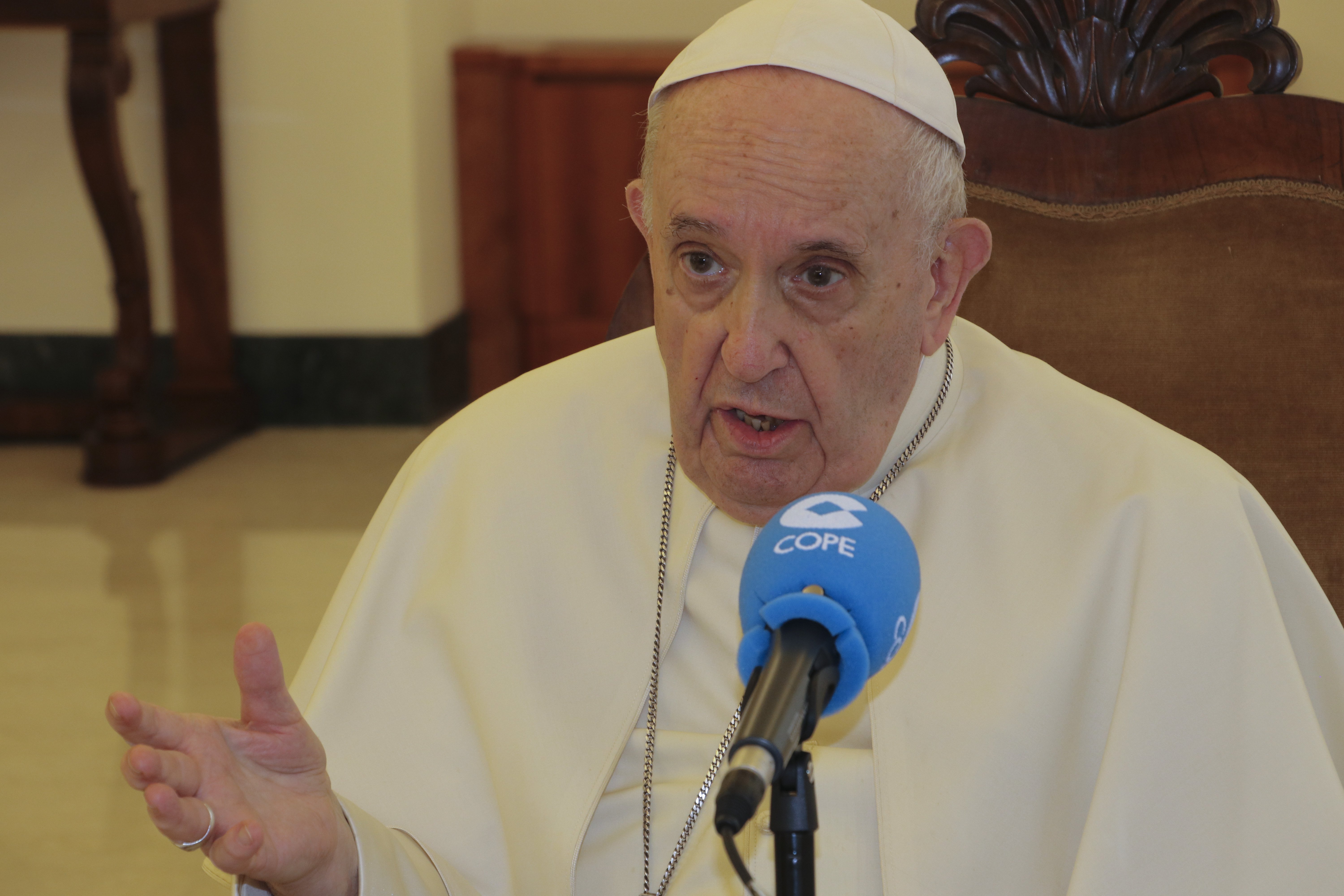 Pope Francis speaks during an interview with Carlos Herrera of COPE, the radio network owned by the Spanish bishops' conference, at the Vatican in late August. In a 90-minute interview, the pope addressed the situation in Afghanistan, the legalization of 