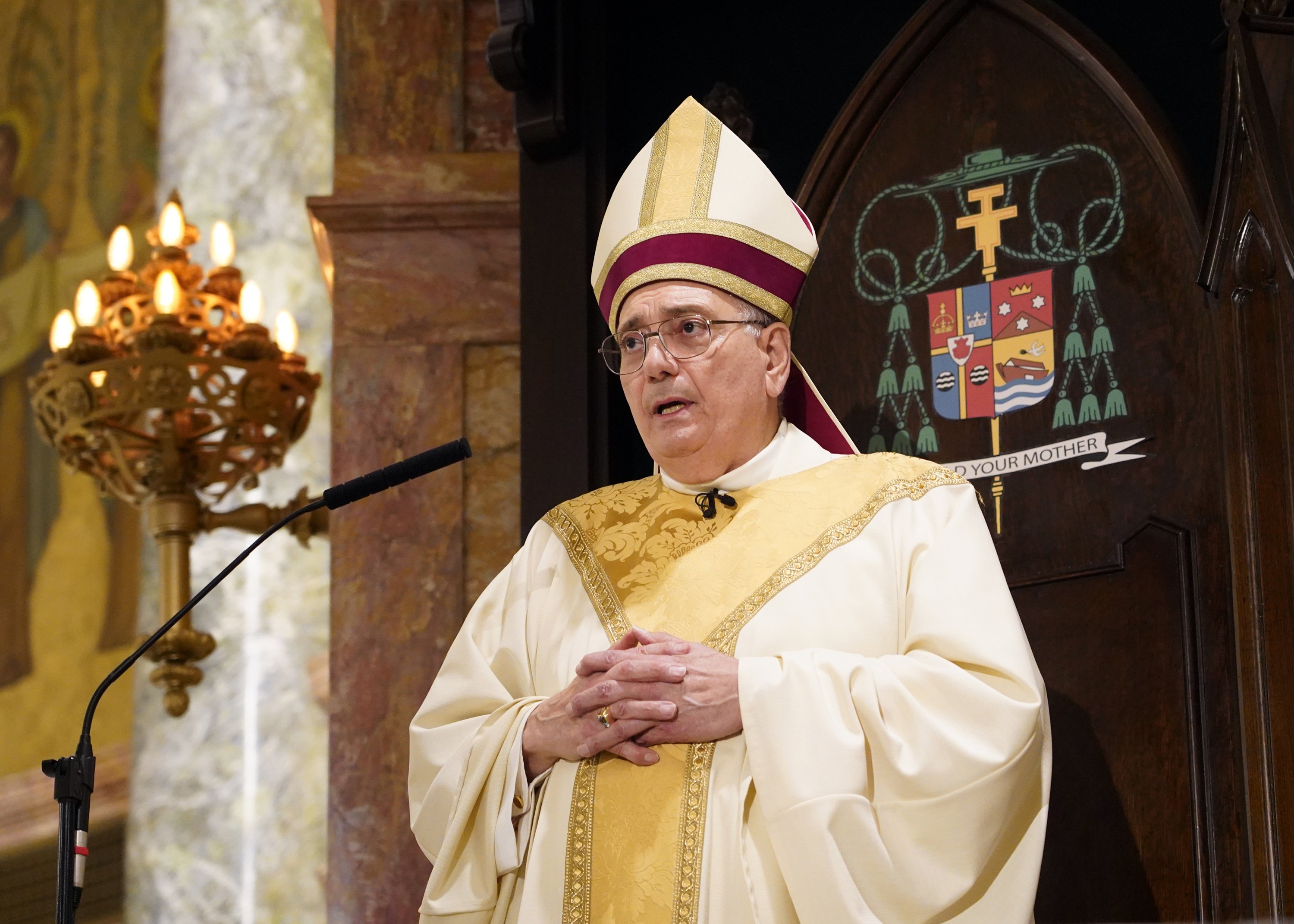 Bishop Nicholas DiMarzio of Brooklyn, N.Y., speaks during a Mass at the Co-Cathedral in Brooklyn June 5, 2021, during which he ordained four men to the priesthood. (CNS photo/Gregory A. Shemitz)