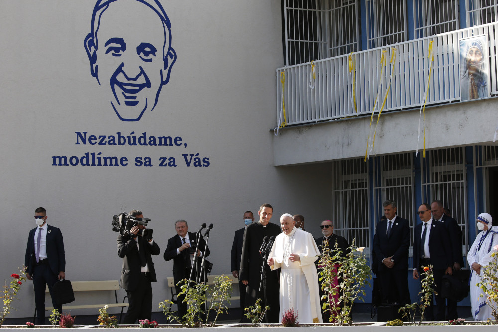 Pope Francis speaks as he visits the "Bethlehem Center" in Bratislava, Slovakia, Sept. 13. (CNS/Paul Haring)