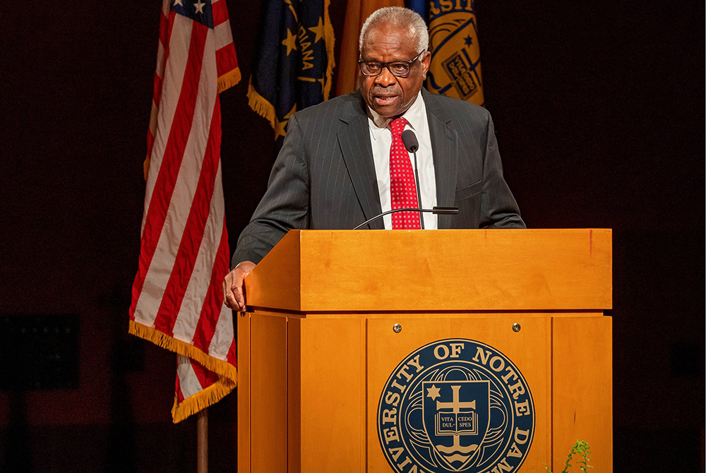 U.S. Supreme Court Justice Clarence Thomas delivers the 2021 Tocqueville Lecture Sept. 16 at the University of Notre Dame in Indiana. (CNS/Courtesy of University of Notre Dame/Peter Ringenberg)