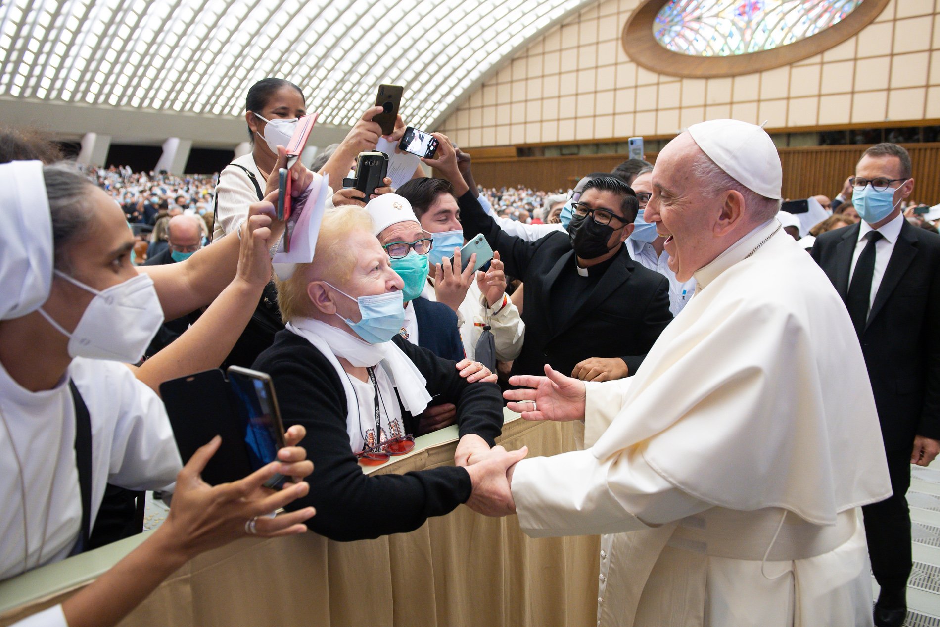 Pope Francis greets people during an audience with the faithful from the Diocese of Rome at the Vatican Sept. 18, 2021. (CNS photo/Vatican Media)