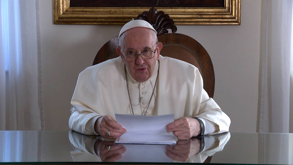 Pope Francis speaks in this still frame from a recorded video message released Sept. 29, 2021, to a Youth 4 Climate seminar on the promotion of sustainable education, in the run-up to COP26, the November U.N. Climate Change Conference. (CNS photo/Vatican)