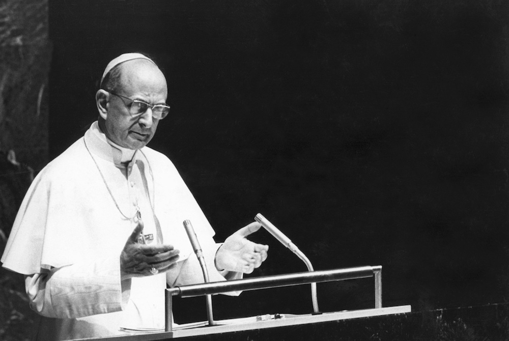 Pope Paul VI makes a special appeal for world peace in 1965 at the United Nations headquarters in New York. "Never again war!" he declared to the General Assembly. (CNS/United Nations/Yutaka Nagata)