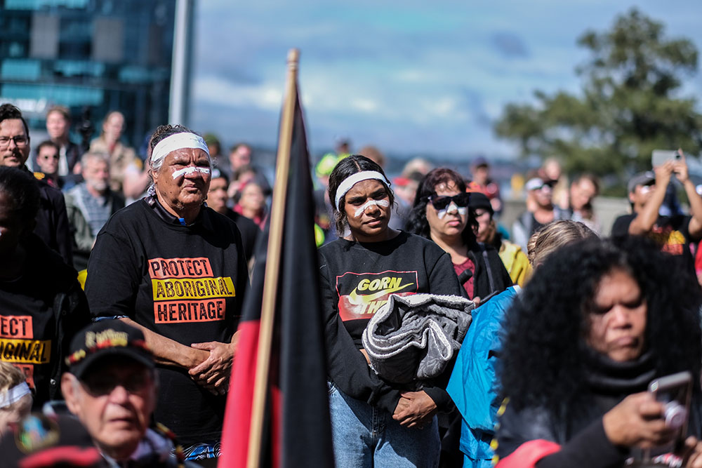 Aboriginal Australians take part in a protest in Perth Aug. 19, 2021, against what they say is a lack of detail and consultation on new heritage protection laws, after the Rio Tinto mining group destroyed ancient rock shelters last year. (CNS)