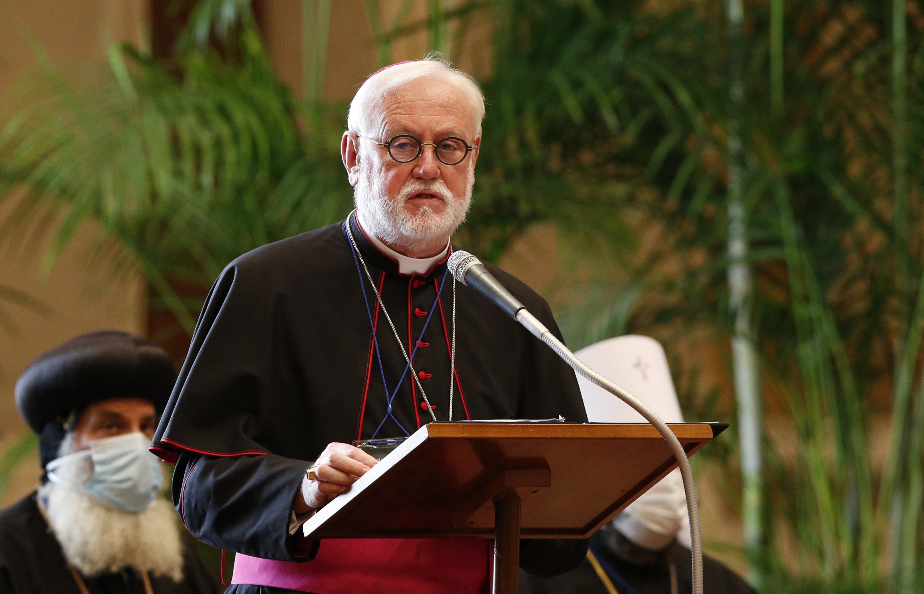 Archbishop Paul Gallagher, Vatican secretary for relations with states, speaks at the meeting, "Faith and Science: Towards COP26," with Pope Francis and other religious leaders in the Hall of Benedictions at the Vatican Oct. 4, 2021. The following day, Ar