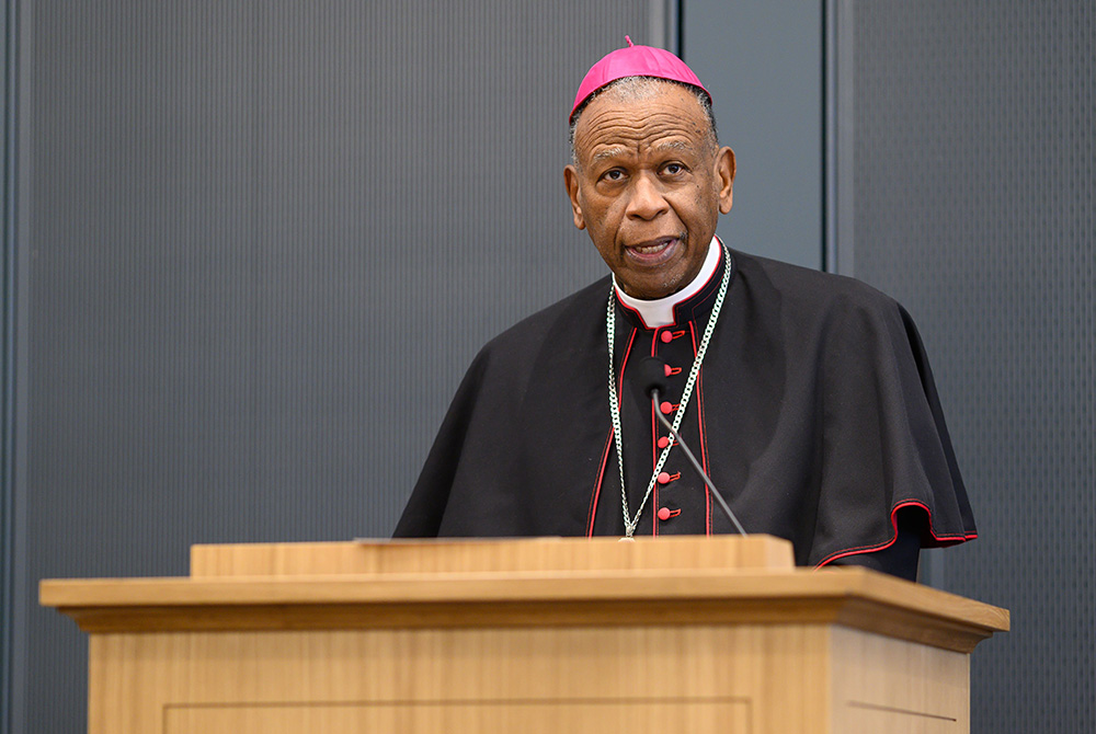 Retired Bishop Edward Braxton of Belleville, Illinois, gives a lecture on "The Catholic Church and the Racial Divide in the United States" Oct. 7, at the University of Notre Dame during the 2021 meeting of the Black Catholic Theological Symposium. (CNS)