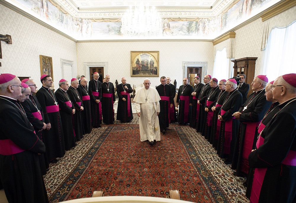 Pope Francis meets with Polish bishops at the Vatican Oct. 12, 2021, during their "ad limina" visit to Rome. (CNS/Vatican Media)
