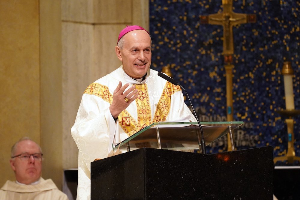 Archbishop Gabriele Caccia, the Vatican's permanent observer to the United Nations, delivers the homily during his welcome Mass at Holy Family Church in New York City Jan. 28, 2020. (CNS photo/Gregory A. Shemitz)