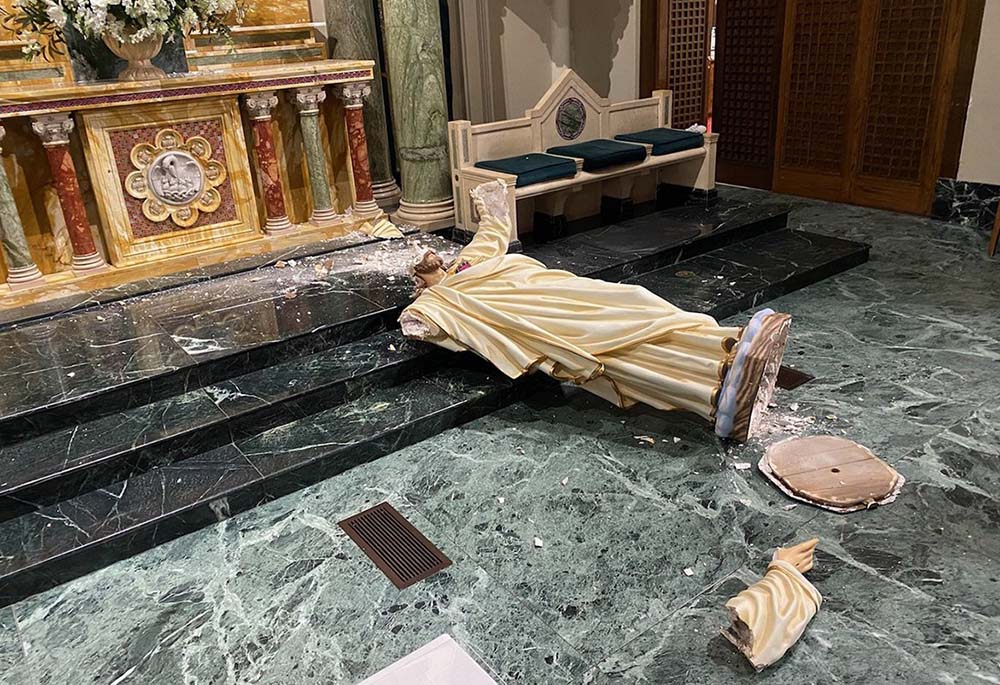 An almost 90-year-old statue of the Sacred Heart of Jesus is seen Sept. 15, 2020, at St. Patrick's Cathedral in El Paso, Texas, after it was destroyed by vandals. (CNS/Courtesy of El Paso Diocese/Fernie Ceniceros)