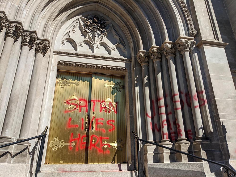 The Cathedral Basilica of the Immaculate Conception in Denver is seen Oct. 10, after it was vandalized. (CNS/Courtesy of the Denver Archdiocese)