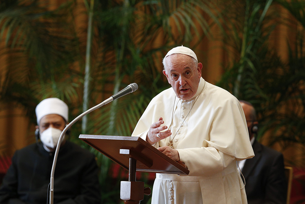 Pope Francis addresses the meeting, "Faith and Science: Towards COP26," with religious leaders in the Hall of Benedictions at the Vatican in this Oct. 4, 2021, file photo. (CNS/Paul Haring)