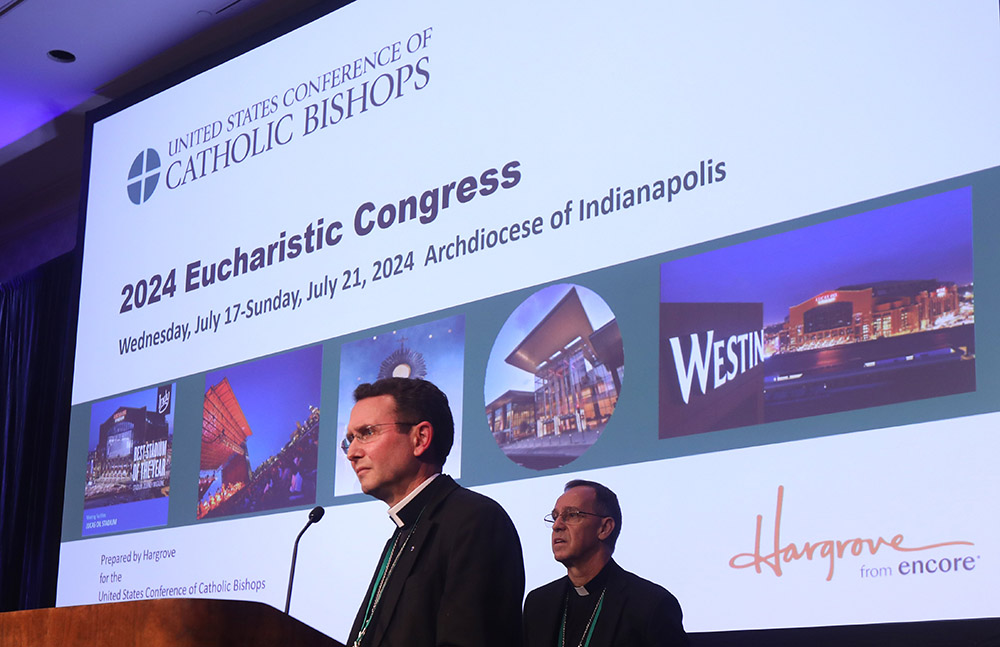 Bishop Andrew Cozzens listens to a question during a Nov. 17, 2021, session of the fall general assembly of the U.S. Conference of Catholic Bishops in Baltimore. (CNS/Bob Roller)