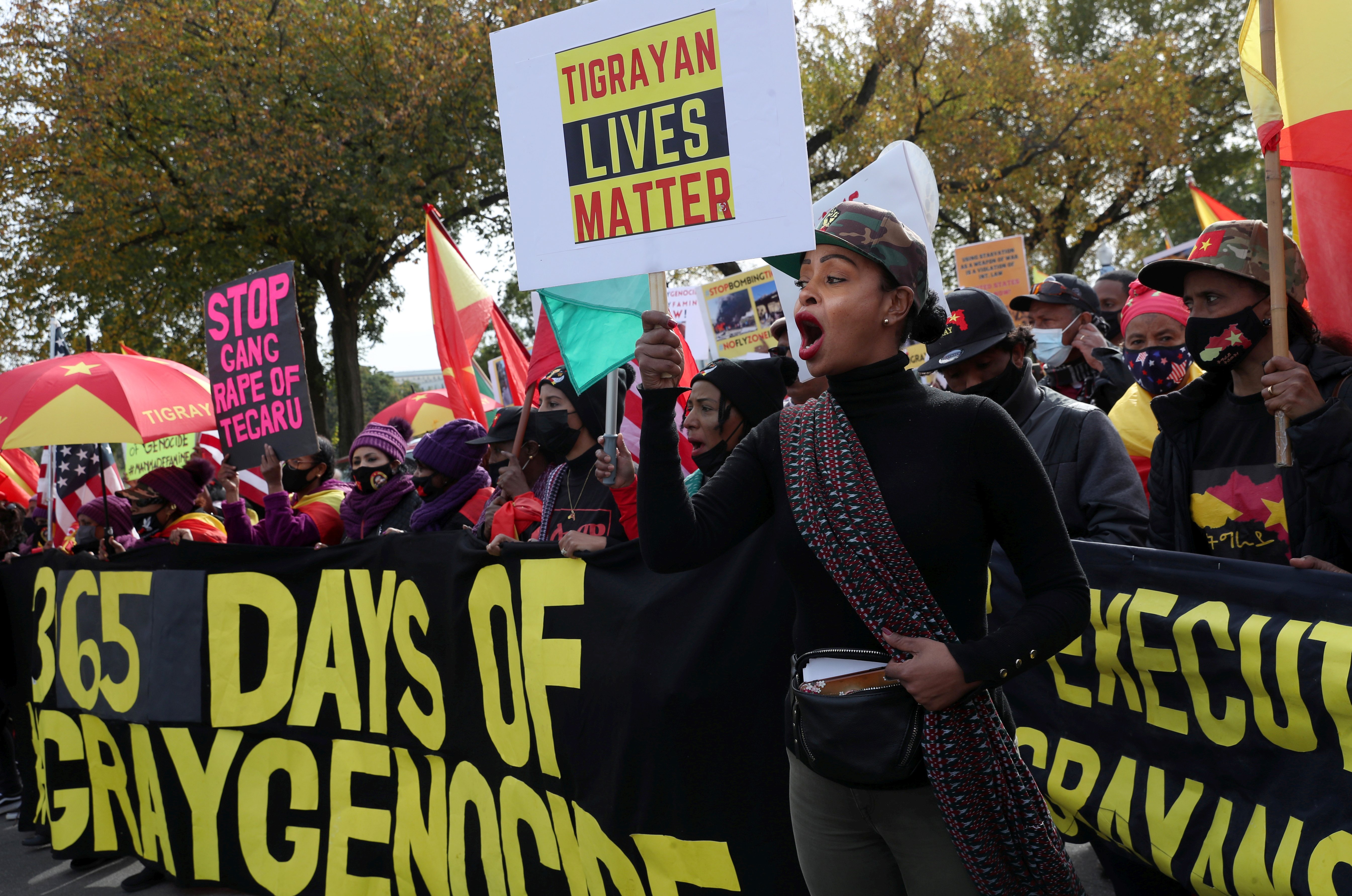 A woman holding a sign shouts during a protest in Washington Nov. 4, 2021, in response to the civilian casualties and abuses caused as a result of a yearlong war in Ethiopia's Tigray region.  (CNS photo/Leah Millis, Reuters)