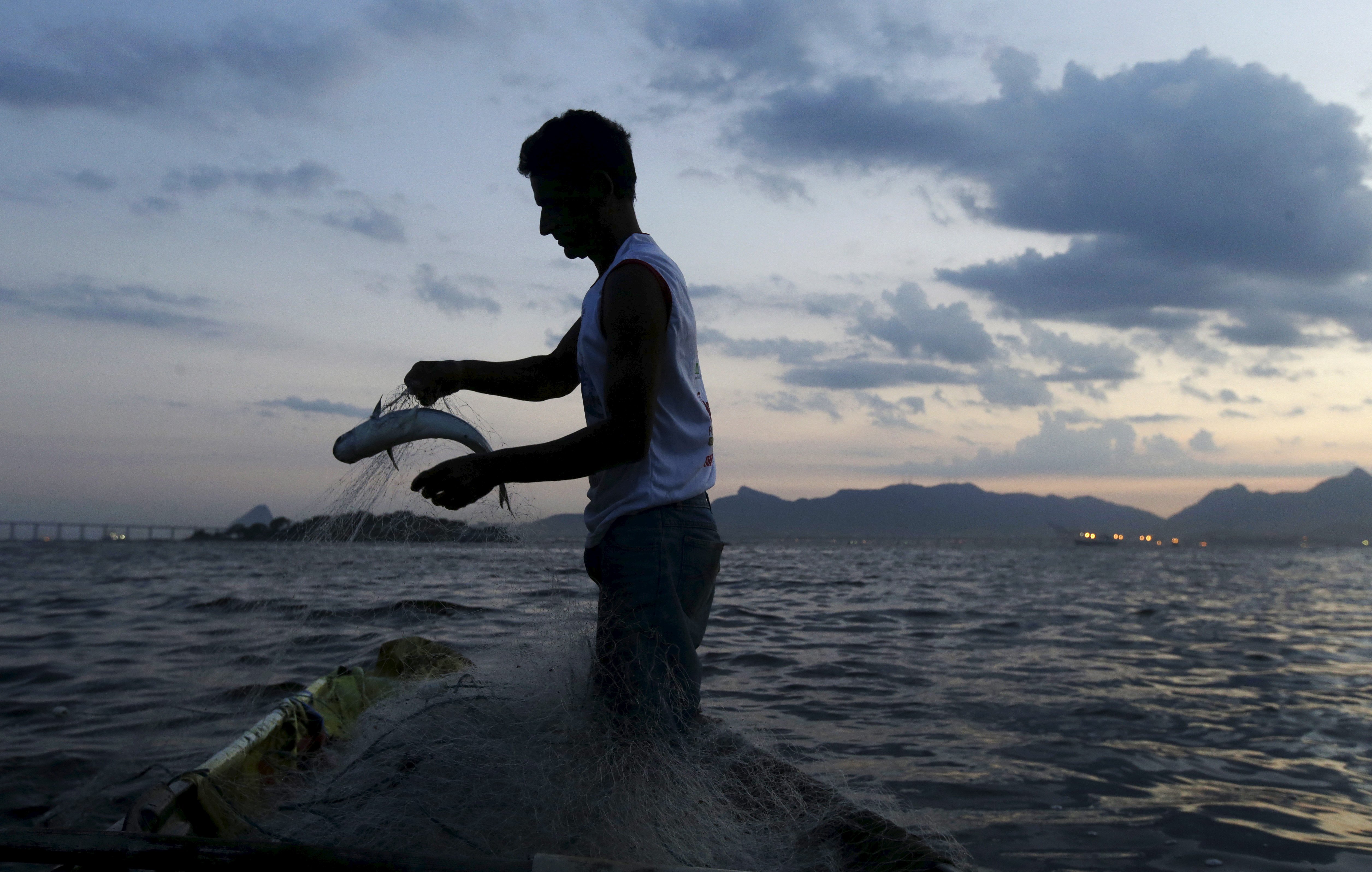 A fisherman holds a fish caught in his net in the waters of Guanabara Bay in Rio de Janeiro Jan. 8, 2016. (CNS photo/Ricardo Moraes, Reuters)