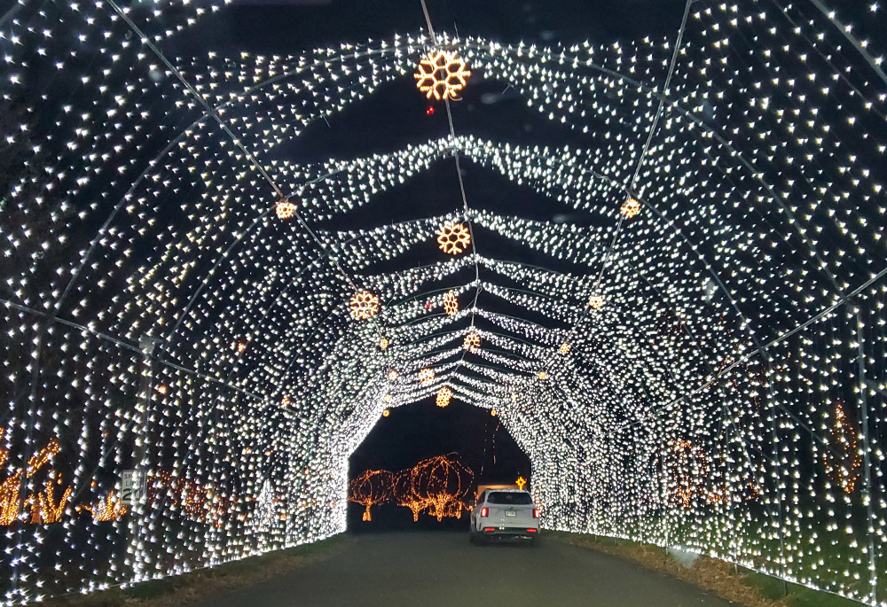 A "tunnel of light" greets visitors to the Way of Lights display at the National Shrine of Our Lady of the Snows, in Belleville, Illinois. In 2021, workers installed new LED lights to the tunnel. (NCR/Brian Roewe) A "tunnel of light" greets visitors to the Way of Lights display at the National Shrine of Our Lady of the Snows, in Belleville, Illinois. In 2021, workers installed new LED lights to the tunnel. (NCR/Brian Roewe)