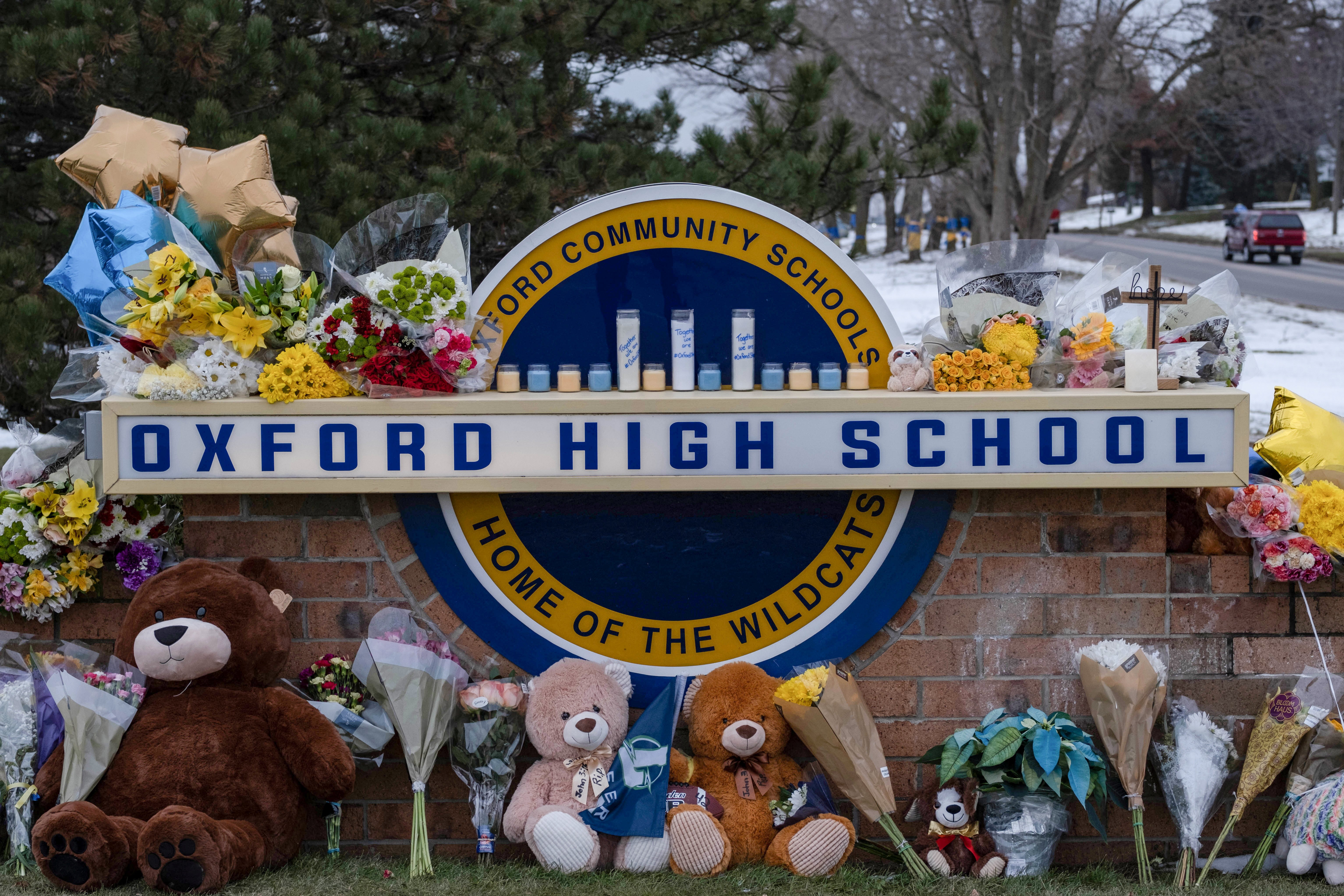 A memorial is seen at Oxford High School in Oxford, Mich., Dec. 1, 2021. (CNS photo/Seth Herald, Reuters)