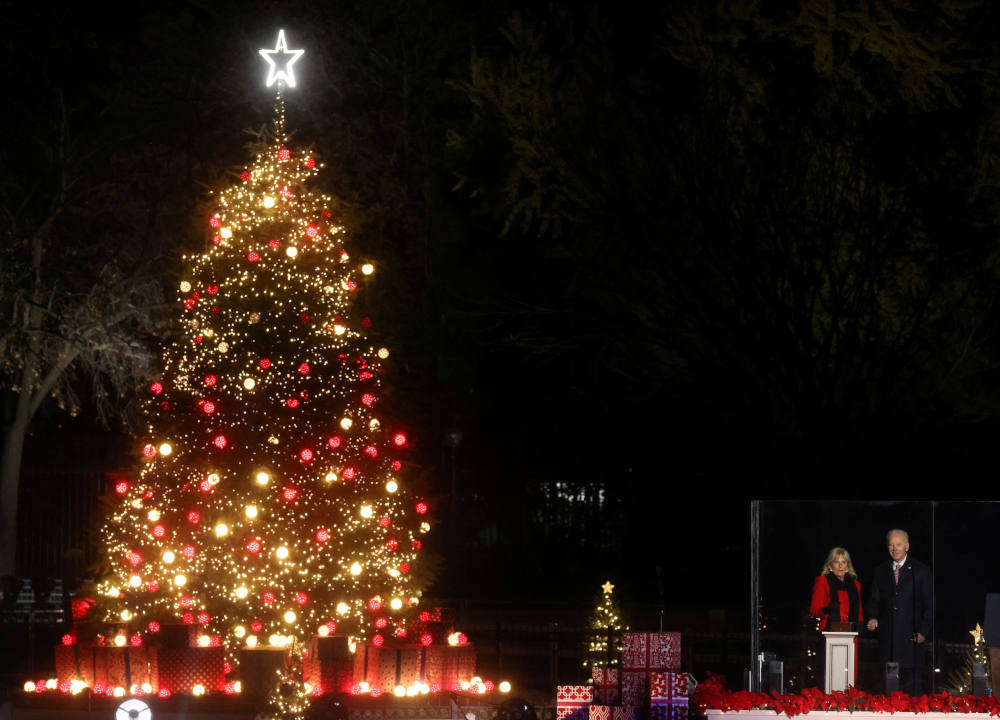 President Joe Biden and first lady Jill Biden attend the National Tree Lighting Ceremony at the Ellipse near the White House in Washington Dec. 2, 2021. (CNS photo/Leah Millis, Reuters)