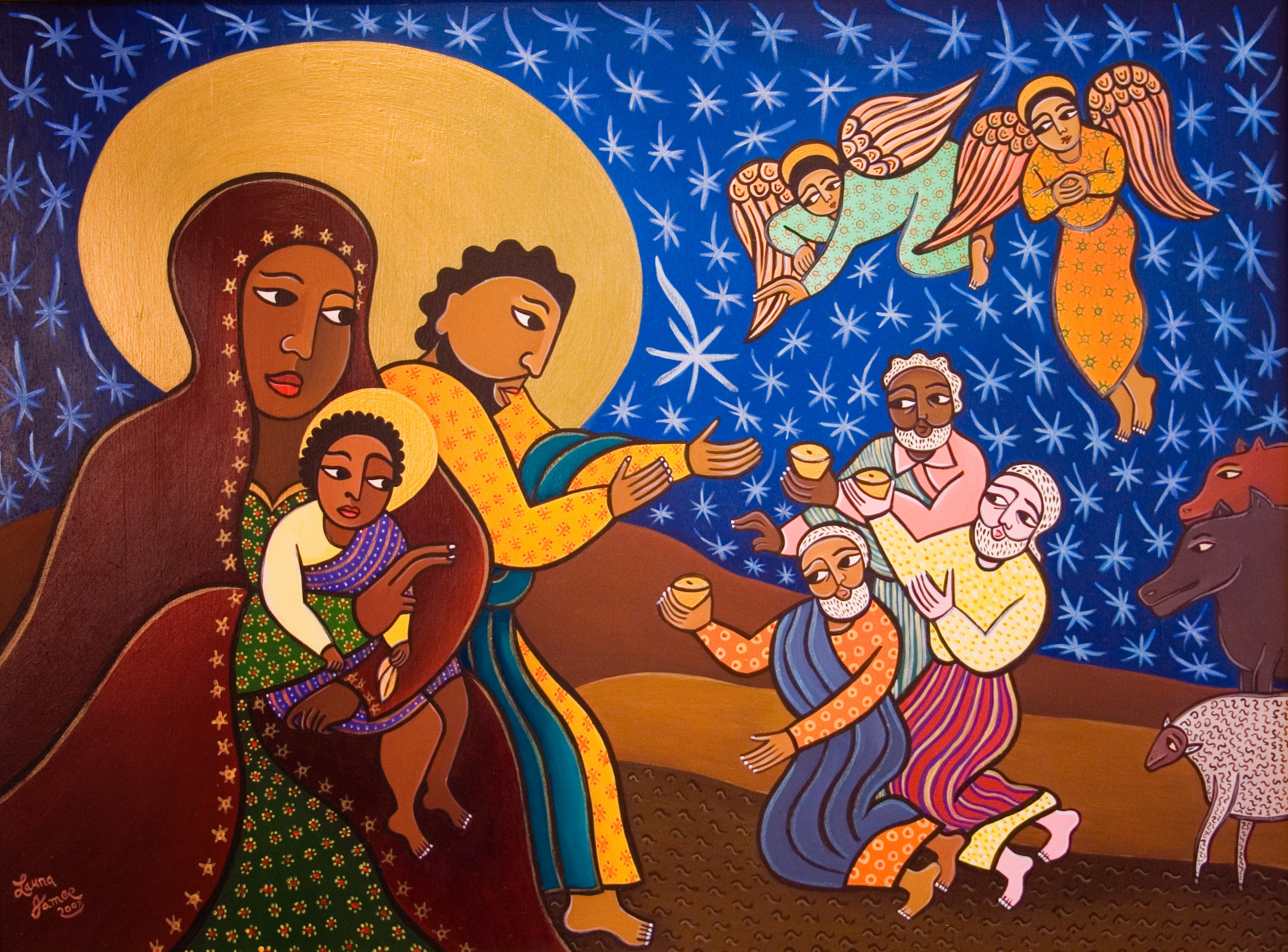 The Holy Family at the Nativity is depicted in this painting by artist Laura James. (CNS/Bridgeman Images)