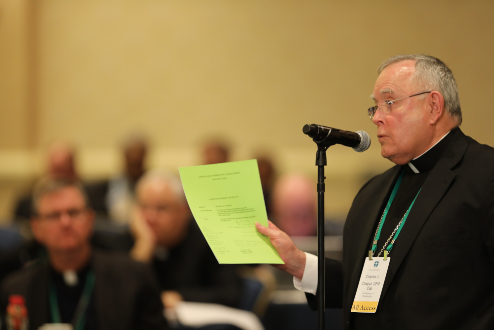 Philadelphia Archbishop Charles J. Chaput speaks from the floor during the fall general assembly of the U.S. Conference of Catholic Bishops in Baltimore Nov. 11, 2019. (CNS photo/Bob Roller) 