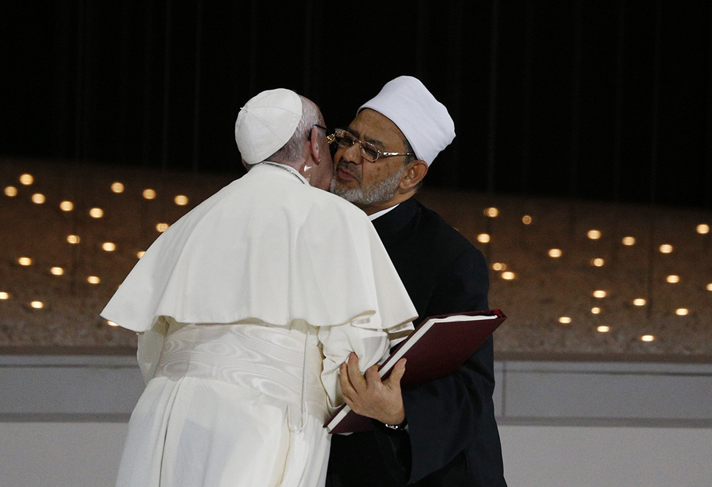Pope Francis and Sheikh Ahmad el-Tayeb, grand imam of Egypt's Al-Azhar mosque and university, embrace during an interreligious meeting at the Founder's Memorial in Abu Dhabi, United Arab Emirates, in this Feb. 4, 2019, file photo. (CNS photo/Paul Haring)