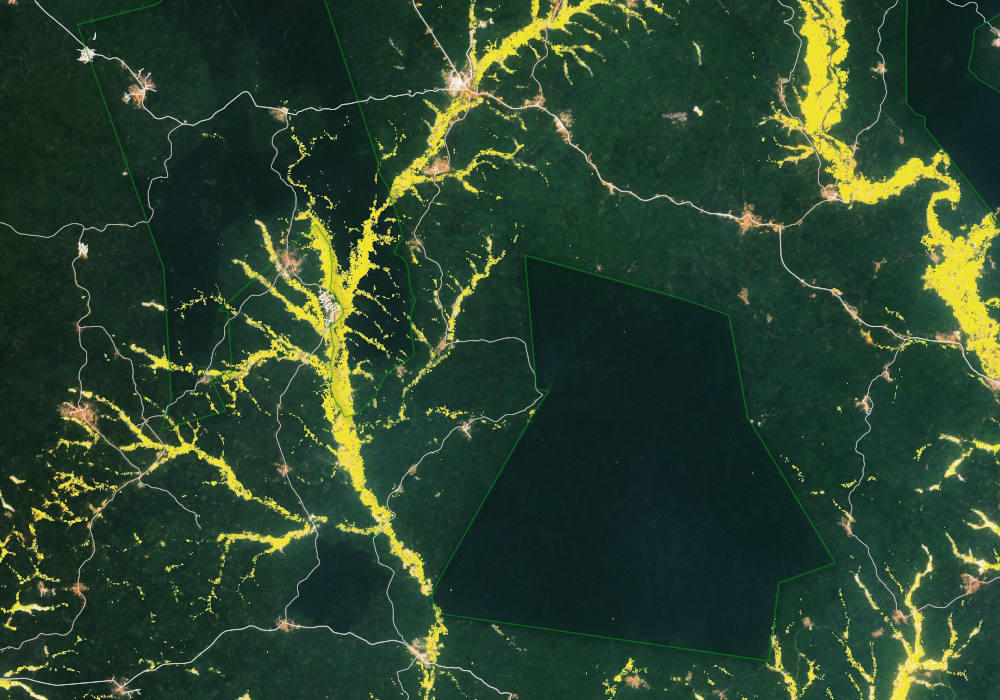 This is a map created from satellite data of the region around Obuasi, in southern Ghana. The dark green shapes show forest reserves; the yellow shows small-scale and artisanal gold mining is known locally as "galamsey." Ghana's religious leaders are calling for prayer and fasting to end the illegal mining. (CNS photo/courtesy NASA)
