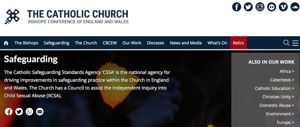 Screenshot of the Catholic Safeguarding Standards Agency for The Catholic Church Bishops' Conference of England and Wales website