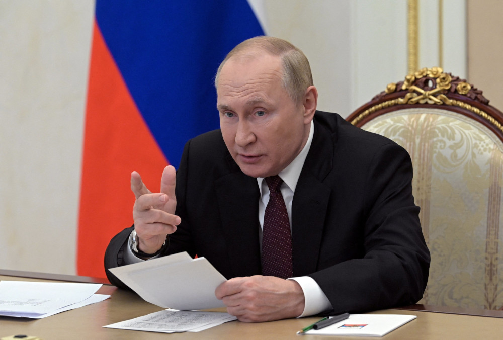 Russian President Vladimir Putin addresses heads of security and intelligence agencies of the Commonwealth of Independent States via a video link in Moscow Oct. 26, 2022. 
