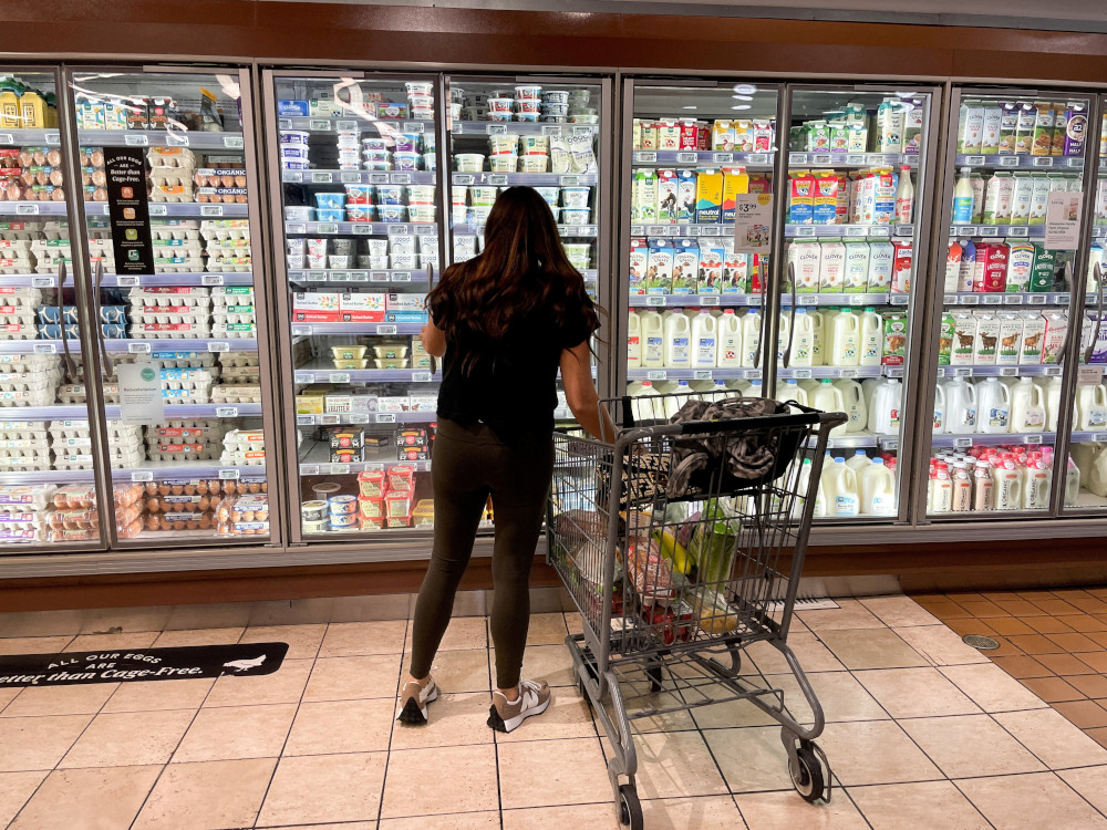 A woman stands in front of grocery store refrigerators with a shopping cart